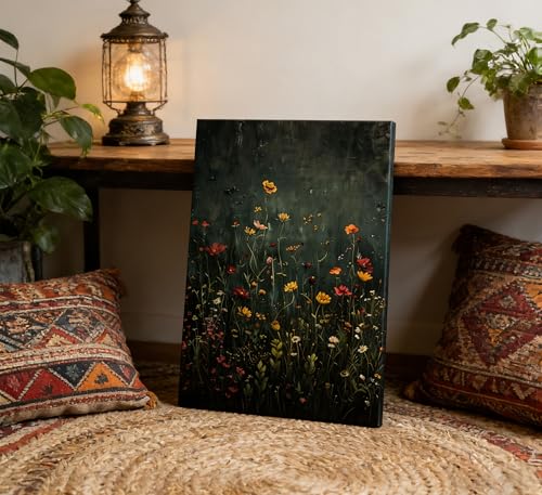 Moody Dark Green Wildflower Canvas Wall Art Vintage Flower Wall Decor 12x16 | Botanical Floral Painting Picture Dark Academia Poster Printing for Bedroom Living Room Home Decoration - size: 16"L x 12"W