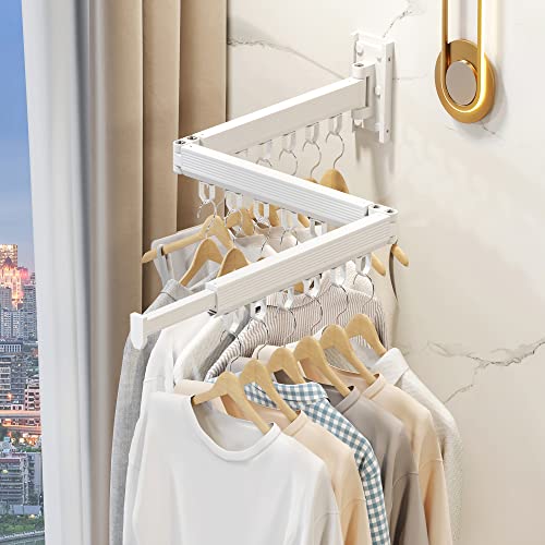 Wall Mounted Foldable Clothes Drying Rack, Heavy Duty 3-Fold Laundry Airer with Ring Hook Design, Space Saving Aluminum Rack for Balcony Bathroom Laundry Room,White Rings - style: White-Rings