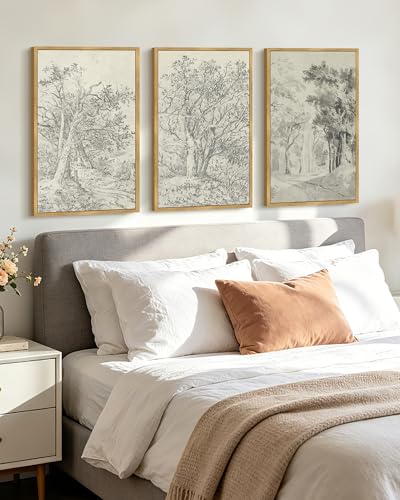 KUVIOKE Vintage Tree Framed Wall Art Retro Antique Forest Drawings Nature Wilderness Sketch Wall Painting Modern Landscape Decor 16x24in (Natural Framed) - color: Vintage Trees, size: 16 x 24in x 3 Panels Natural