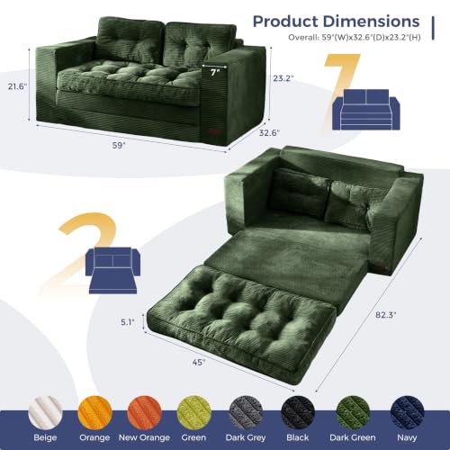 MAXYOYO Folding Sofa Bed, Convertible Sleeper Loveseat with Pillows | 2-Person Fold-Out Loveseat, Convertible Sleeper Bed with Supportive Pillows for Relaxing or Guests, Dark Green - color: Dark Green