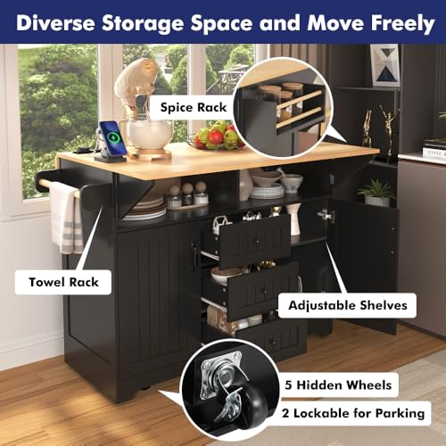 Rolling Kitchen Island with 2 Drop Leaf and Power Outlet, Island Table on Wheels with Towel Rack and Spice Rack, Kitchen Cart with Storage Cabinet and Drawers (Black) - color: Black