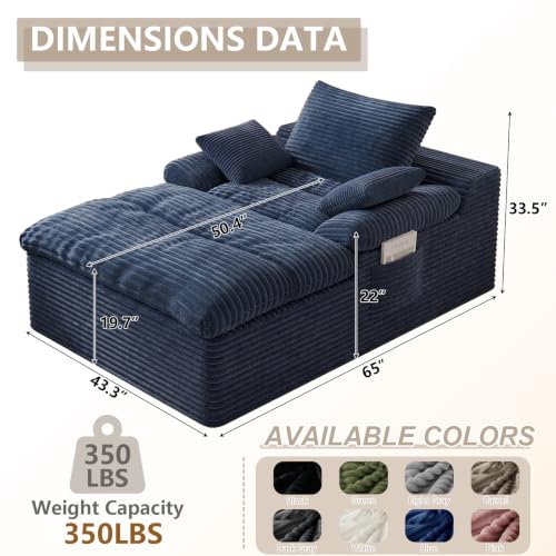 47.24" Oversized Chaise Lounge Chair, Deep Seat Upholstered Cozy Cloud Couch, Modern Corduroy Floor Sleeper Sofa Bed, Reading Chair for Living Room, Bedroom, Apartment, Office, Indoor, Blue - color: Blue, size: 47.24"