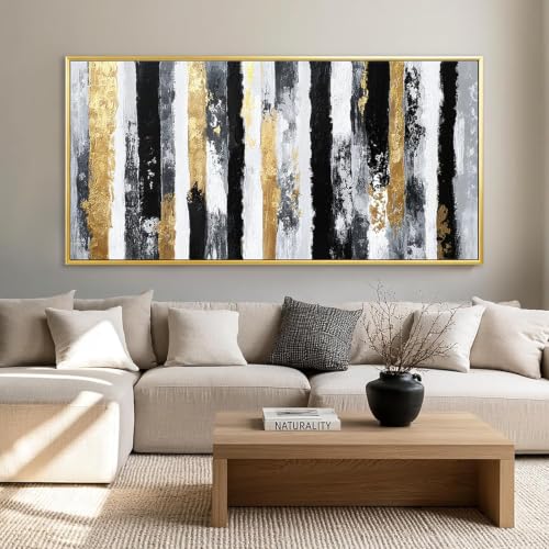 Large Minimalist Line Wall Art Framed with Hooks, Modern Luxury Aesthetic Decor for Bedroom Living Room 30"x60" - color: Straight Black and White, size: 147L x 73W cm