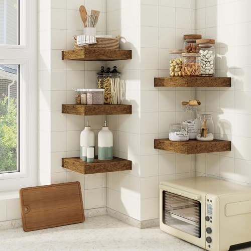 fuqing Floating Shelves for Wall, Wall Mounted Wood Floating Shelf with Invisible Brackets for Living Room, Bathroom, Bedroom, Kitchen Storage and Decor,6.5 Inch Set of 3, Rustic Brown - color: Rustic Brown, size: 6.5"W x 6.5"D , 3 Pack