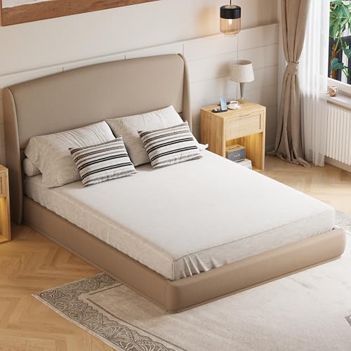 RuiSiSi Queen Size Upholstered Bed with Wingback Headboard, Low Profile Linen Fabric Platform Bed Frame, Strong Wood Slats, No Box Spring Needed, Easy Assembly, Brown - color: Brown