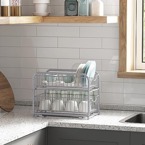 SONGMICS 2-Tier Pull Out Cabinet Organizers, Under Sink Organizer, Bathroom Organizer and Storage, Sliding Basket Drawers, Stackable for Kitchen, Bathroom, Metallic Silver UKCS017E01 - color: Metallic Silver