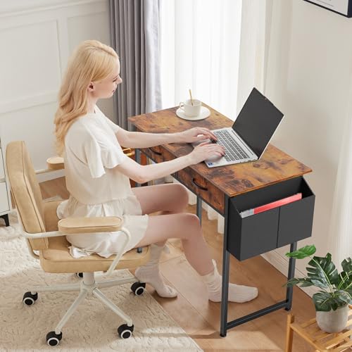 DUMOS 32" Home Office Computer Desk with Drawers, Small Gaming Writing Study Table with Storage Side Bag, Headphone Hook and Adjustable Feet for Bedroom Rustic Brown | Small Writing Desk for Home Office with Headphone Hook, Compact Study Table for Bedroom