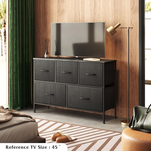 WLIVE 5 Drawer Dresser for Bedroom, Wide Chest of Drawers, Charcoal Black | 5 roomy fabric drawers, Wide low-profile design, Bedroom or closet use, Sturdy steel frame, Smooth wood tabletop - color: Charcoal Black, size: 11.73"D x 39.37"W x 26.57"H