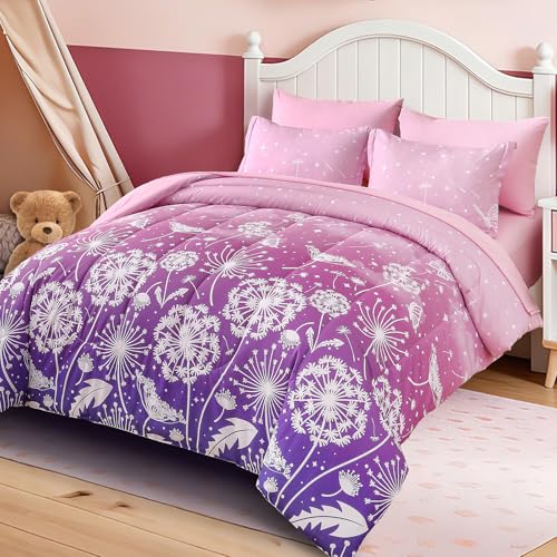 Dinjoy Girls Comforter Set 5 Pieces, Twin Size Colorful Ombre Rainbow Bedding Set, Bed in A Bag for Kid Teen Girls (1 Comforter, 1 Flat Sheet, 1 Fitted Sheet, 1 Pillow Shams, 1 Pillowcases) - color: Ombre Pink Purple, size: Twin