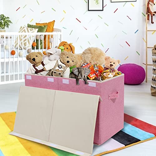 Large Toy Box Chest Storage with Flip-Top Lid, Kids Toy Storage Bin Boxes | Toy Chest with Rivets Handles for Kids, Boys, Girls, Nursery, Playroom, Living Room, Bedroom, 25"x 13" x 16" (Linen Pink) - color: Large Pink