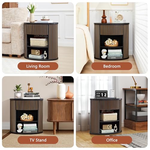 Fluted End Table with Drawer, Black Side Table with Storage, Mid Century Modern Nightstand for Bedroom Bedside, Living Room Couch Sofa, Office, Desk Side Table for Small Spaces - color: Oval-black