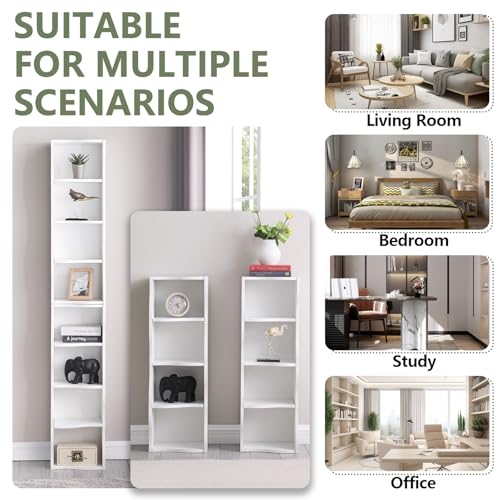 Skinny Tall Bookshelf, 8 Tiers Ultra Slim Bookshelf, Tall Narrow Bookcases, for Living Room, Office, Small Space, Adjustable Shelves, A Wavy Border Design, 11.6'' X 9.3'' X 70.9'' (White) - color: White