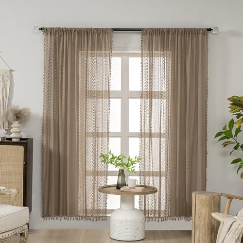 WAZZIO Boho Lace Curtains 72 Inches 2 Panel,Light Filtering Privacy Tassel & Geometry Crochet Semi Sheer Curtain Drapes for Bedroom Living Dining Room,Rod Pocket & Tassel,Earthy Color Taupe - color: Taupe, size: 59"W x 72"L (Pack of 2)