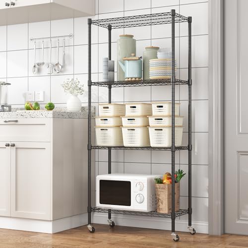 Homdox Heavy Duty 4-Tier Metal Shelving Unit with Adjustable Shelves, Rolling Storage Rack for Kitchen, Garage, Pantry, 29.92"x13.98"x74.41", Black - color: Black, size: 29.92*13.98*74.41 inch