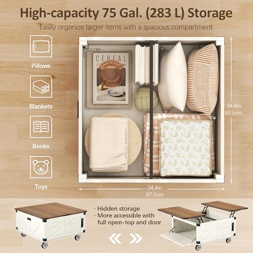 Farmhouse Coffee Table with Lifting Top & 4 Wheels for Living Room | LED White Square Center Tables with Large Storage & Charging Station, Wood