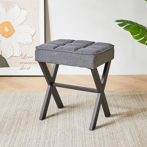IBUYKE Square Makeup Stool with X-Leg, Linen Vanity Chair, Dark Gray LG-70G | Footrest Ottoman Seat Multi-Use Small Side Table Bedroom Living Room - color: Dark Grey, size: 17.72"-Linen