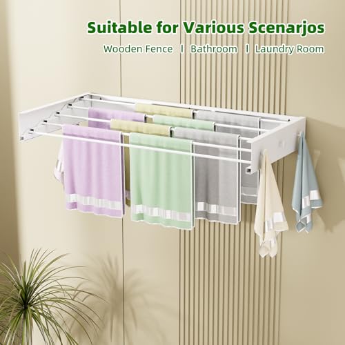 Wall Mounted Drying Rack for Laundry 40'', Folding Drying Rack Clothing Wall Mount with 5 Rods and 6 Hooks, Space Saving for Indoor Outdoor Bathroom Balcony (White, 40'') - size: 40''【6 Hooks】