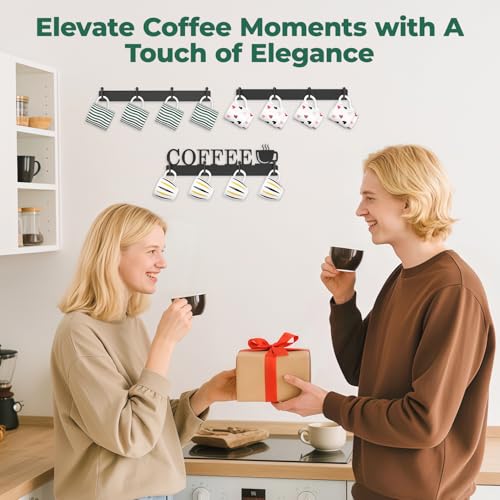 EsLuker.ly Mug Holder Rack Coffee Cup Hanger Wall Mount, 3 Pack Black | Metal Wall Cup Shelf Organizer Stand with 12 Hooks, Fits Most Mugs Display for Home Kitchen, Space-Saving Coffee Bar Enhancer - style: Upgrade 12 Hooks