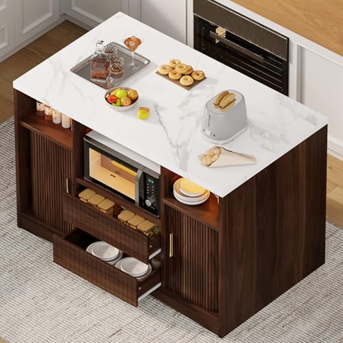 Island Table for Kitchen,Kitchen Island with Storage Marble Island | Cart with Power Outlet & RGB LED Light, Rolling Buffet Cabinet with Microwave Shelf, 2 Drawers, Marble Countertop, Walnut - color: Walnut