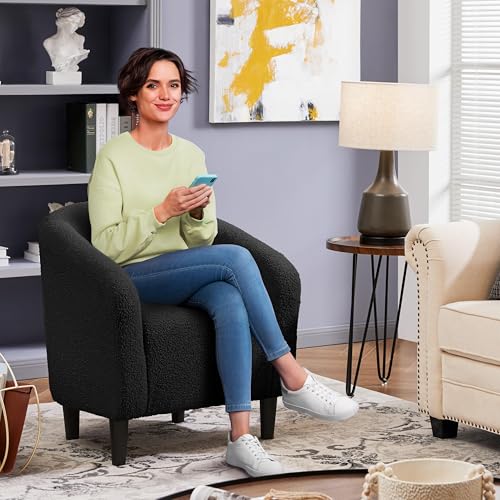 Yaheetech Small 25.5in Wide Sherpa Barrel Accent Chair for Bedroom, Black | Compact Cozy Barrel Chairs with a Curved Silhouette, Upholstered Furry Armchair for Small Spaces, Living Room Bedroom Corner - color: Black (Boucle), style: without Ottoman