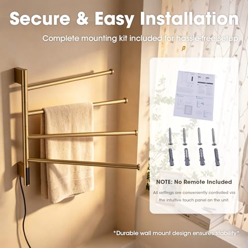 TRUSTMI 4-Swing Electric Towel Warmer with Timer, Brushed Gold | Rust-proof 304 SS warmer with carbon fiber heat, LED touch 24H timer, and 4 swing arms. Keeps bathroom towels dry - color: Brushed Gold