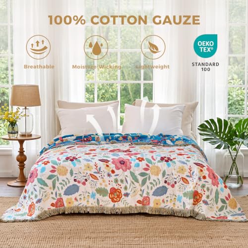 LUTBM Boho Throw Blanket for Bed 60"x80", All Season Cotton Couch Blankets | Reversible Floral Leaves Jacquard, All-Season Twin Lightweight Breathable Quilt, For Chair Sofa Bedroom Living Room Decor - color: Chic Floral, size: 60"×80"