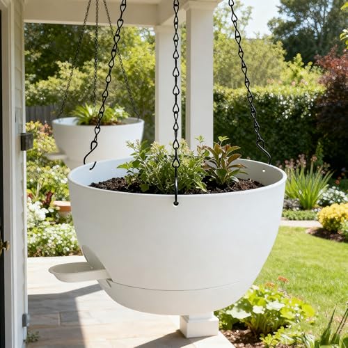 WOUSIWER Self Watering Hanging Planters, 2 Pack 10'' Plastic Pots with Drainage Holes & Reservoir Tray (White) | Indoor & Outdoor Use for Ferns, Ivy, Herbs, Succulents - color: White, size: 2 Pack 10 inches