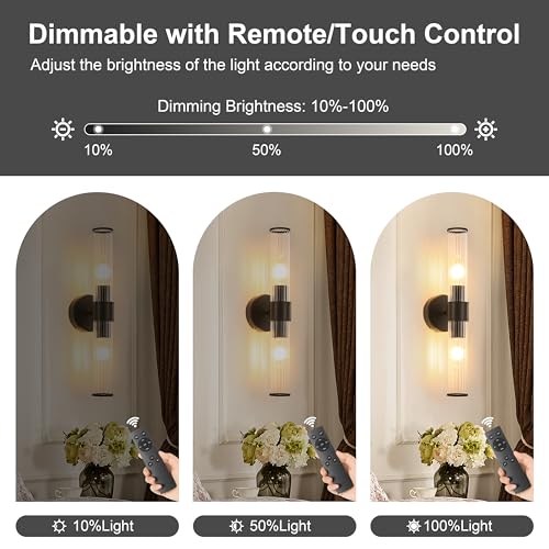 Morauroral Black Battery Operated Wall Sconces Set of 2, Rechargeable Wall Lights with Remote, 20 Inch Modern Wireless Wall Lamp for Bedroom, Living Room with Clear Glass Shade (Bulbs Included) - color: Matte Black
