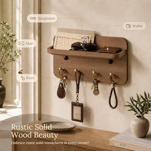 Key Holder Wall Mount, Solid Wood Key Holder for Wall with 4 Brass Hooks & Hidden Magnets, 15° Incline Hooks & Grooved Design to Prevent Slipping, Vintage Brown Key Hanger