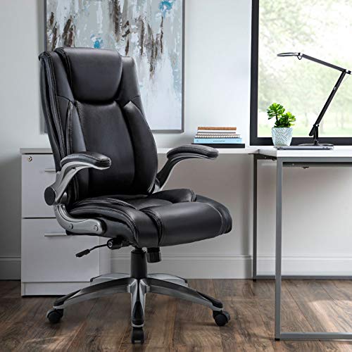 COLAMY Executive Office Ergonomic Chair with Thick Bonded Leather, 300lbs Capacity Big and Tall High Back Desk Chair with Flip-up Armrests, Adjustable Height and Tilt for Working, Study, Gaming,2PC - color: 287-black, size: Set of 2