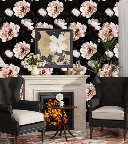 Black Pink Vintage Floral Peel and Stick Wallpaper 17.5" x 118" | Waterproof Vinyl Self Adhesive Removable Renter Friendly Floral Contact Paper - color: Black Pink, size: 17.5" x 118"
