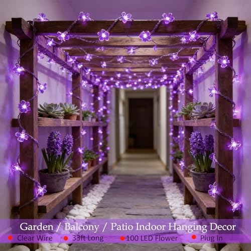 33ft Plug in 100 LED Purple Valentine's Wedding Flower String Lights Decor | Connectable Gothic Violet Flower Lamp Decorations for Bedroom, Christmas Tree, Garden, Fence, Indoor Outdoor Hanging Decor - color: Purple
