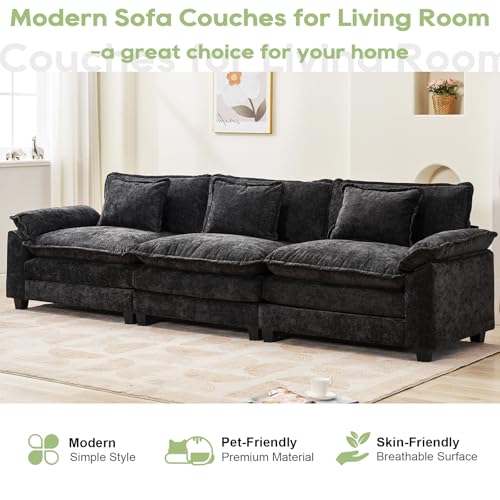 120" Modular Sectional Sofa, Comfy 3 Seater Deep Cloud Couch | Couches for Living Room, Modular Couch, Deep and Wide Seat, Chenille Sofa Sleeper with Throw Pillows, Black - color: Black, size: 120 Inch