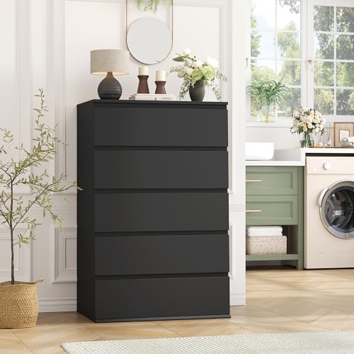FOTOSOK Black Dresser, Dresser for Bedroom, 5 Drawer Chest of Drawers | 17.6D x 23.6W x 39.1H in Chest of Drawers, Dresser for Bedroom, Bedroom Dresser for Closet, Small Space/Apartment/Dormitory - color: Black