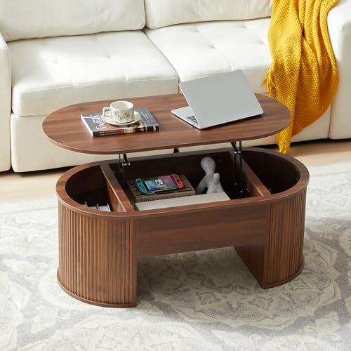QHITTY Fluted Coffee Table with Lifting Top, Oval Wood Lift Top Coffee Table with Hidden Compartment, Mid Century Pull up Center Tables for Living Room, Office - Walnut - color: Round Table-walnut