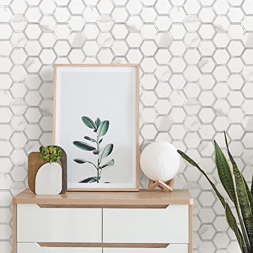 STICKGOO Hexagon Peel and Stick Backsplash Tile, Stick on Backsplash for Kitchen and Bathroom, White Marble Look PVC Mixed Metal Silver Self Adhesive Wall Tiles(10 Sheets, Seamless) - color: White Marble with Metal Silver