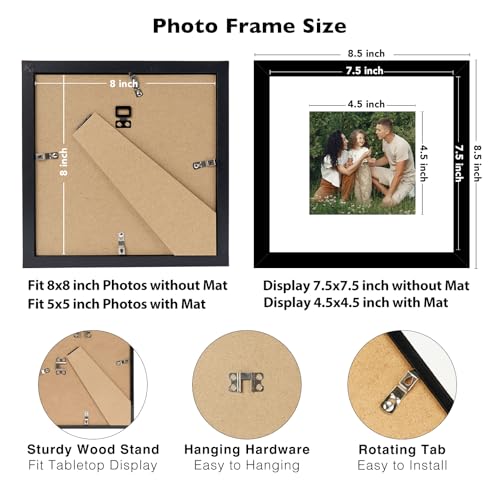 JCJMY 12 Packs 8x8 Picture Frames, Display 5x5 with Mat or 8x8 without Mat, Square 8 by 8 Frames Bulk Set of 12 Collage Wall Decor Photo Frames Set for Wall and Tabletop, Black - color: Black, size: 8x8 inch