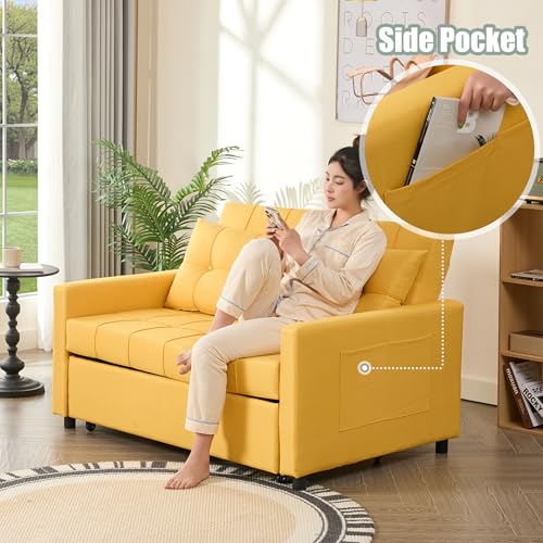 GOSUHI 52" 3-in-1 Convertible Sleeper Sofa Bed, Linen, Yellow | Pull-Out Bed, Stepless Adjustable Backrest, Side Pocket, Compact Loveseat, Living Room, Dorm & Apartment - color: Yellow