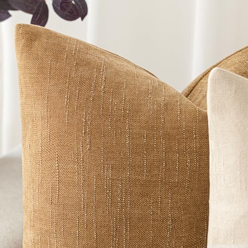 Foindtower Set of 2 Soft Textured Chenille Throw Decorative Pillow Covers Square Accent Solid Cushion Cover Neutral Farmhouse Pillow Case for Couch Sofa Bedroom Living Room 16x16 Inch,Golden Brown - color: Amber Gold, size: 16" x 16" (Pack of 2)