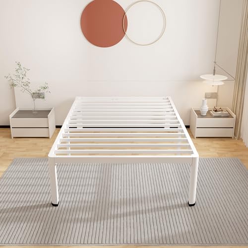ROIL 18 Inch White Twin Bed Frame with Rounded Corner & 4 Mattress Baffles | Easy Assembly, Noise Free, 3500LBS Load Capacity, No Box Spring Needed, 16.4" Storage Space, Headboard Hole, Heavy Duty Steel - size: Twin, style: 18 Inch White