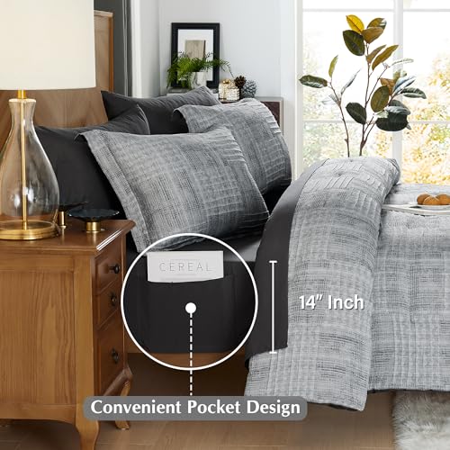 MaiRêve Full Comforter Set Crinkle Textured Charcoal Grey Bedding 7 Pieces | All Season Bed in a Bag for Men with Comforter, Sheets, Pillowcases & Shams - color: Charcoal Grey, size: Full