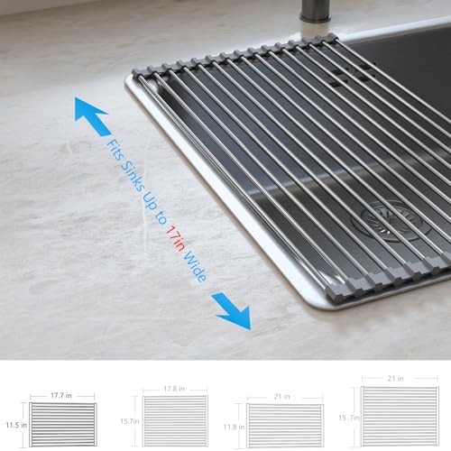 Tomorotec Roll Up Dish Drying Rack Over Sink, SUS304 Steel, 17.7x11.5,Gray | Heat Resistant to 550°F With Non-Slip Silicone Grips, Multipurpose Trivet for Hot Pots, Dishwasher Safe - size: 17.7" x 11.5"