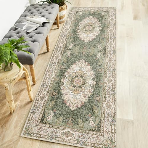Washable Runner Rug 2'x6',Green Rug Runners Non Slip for Hallways | Long Boho Rugs for Kitchen Bedroom Entryway Living Room Bathroom,Vintage Bohemian Distressed Floor Carpet,Floral - color: New Green, size: 2'x6'