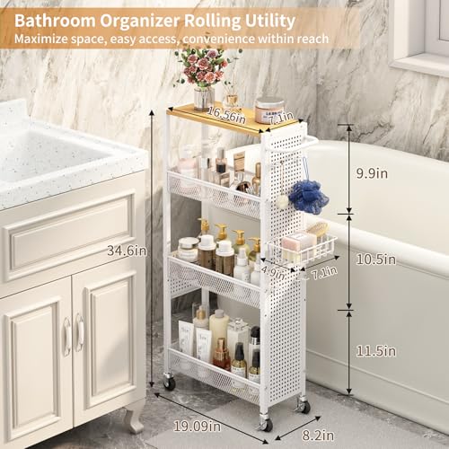 Slim Storage Rolling Cart: 4-Tier Narrow Metal & Wood Utility Cart with Wheels for Kitchen/Laundry/Bathroom(White) - color: White, size: 7.1