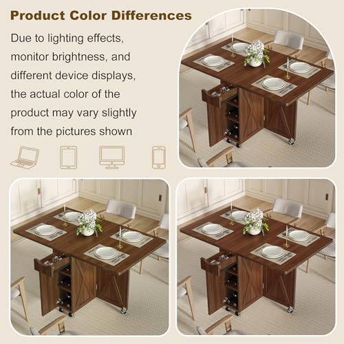 Folding Dining Table for 2-6, Designed for Small Spaces, Walnut | 52.7" Folding Dining Table with 6 Wheels, Drop Leaf Table with Drawers, Shelves and Wine Rack for Small Spaces - color: Walnut