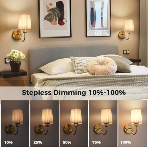 Battery Operated Wall Sconce Set of Two, Wireless Wall Sconces with 10000mAh Dimming Magnetic Bulb, Rechargeable Wall Sconce with Pleated Fabric for Bedroom Living Room Gallery Hallway, Gold - color: Gold-White