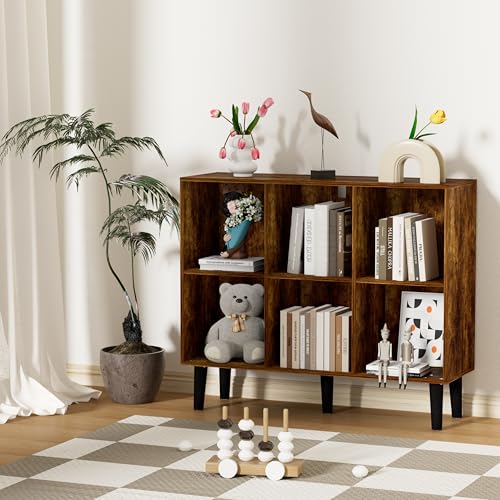6 Cube Bookcase, Wooden Book Shelf Cube Storage Organizer with Legs, 2 Tier Bookshelf Freestanding Open Shelves for Home Office, Living Room, Bed Room (Brown, 6 Cube Horizontal) - color: Brown, size: 6 Cube Horizontal