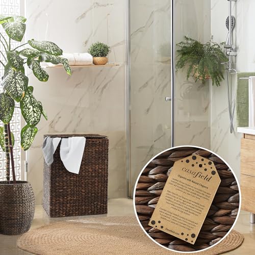 Casafield Large Laundry Hamper with Lid and Removable Liner Bag - Espresso Dark Brown, Woven Water Hyacinth Rectangular Laundry Basket Clothes Sorter - color: Espresso