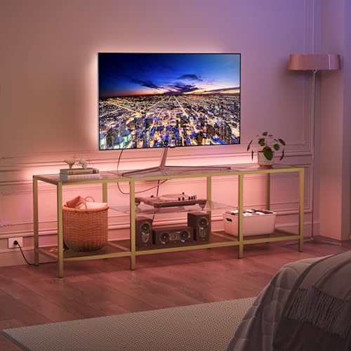 HOOBRO TV Stand with LED Lights and Power Outlets for TVs up to 75", Modern 63 Inch Tempered Glass TV Console Table with Open Shelves, Media Entertainment Center for Living Room, Gold GD165UDS01 - size: 63 Inch