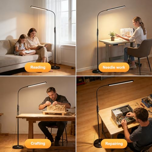 Bright LED Eye-Protecting Reading Floor Lamps Touch and Remote Dimming 3000-6000k, Tattoo Craft Drawing Makeup Adjustable Gooseneck Standing Light,Living Room Chair Sofa Bedroom Office - color: New Black